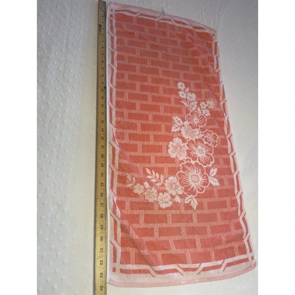 Vintage West Germany 100% Cotton Hand Towel Coral Pink Floral Brick Pattern 33